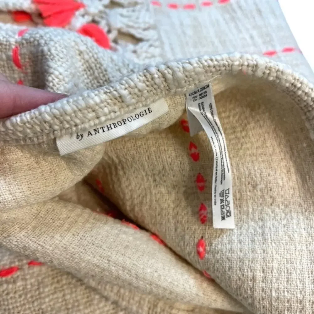 Anthropologie Home Beige & Bright Coral Table Runner 16 x 90 Tassels NEW